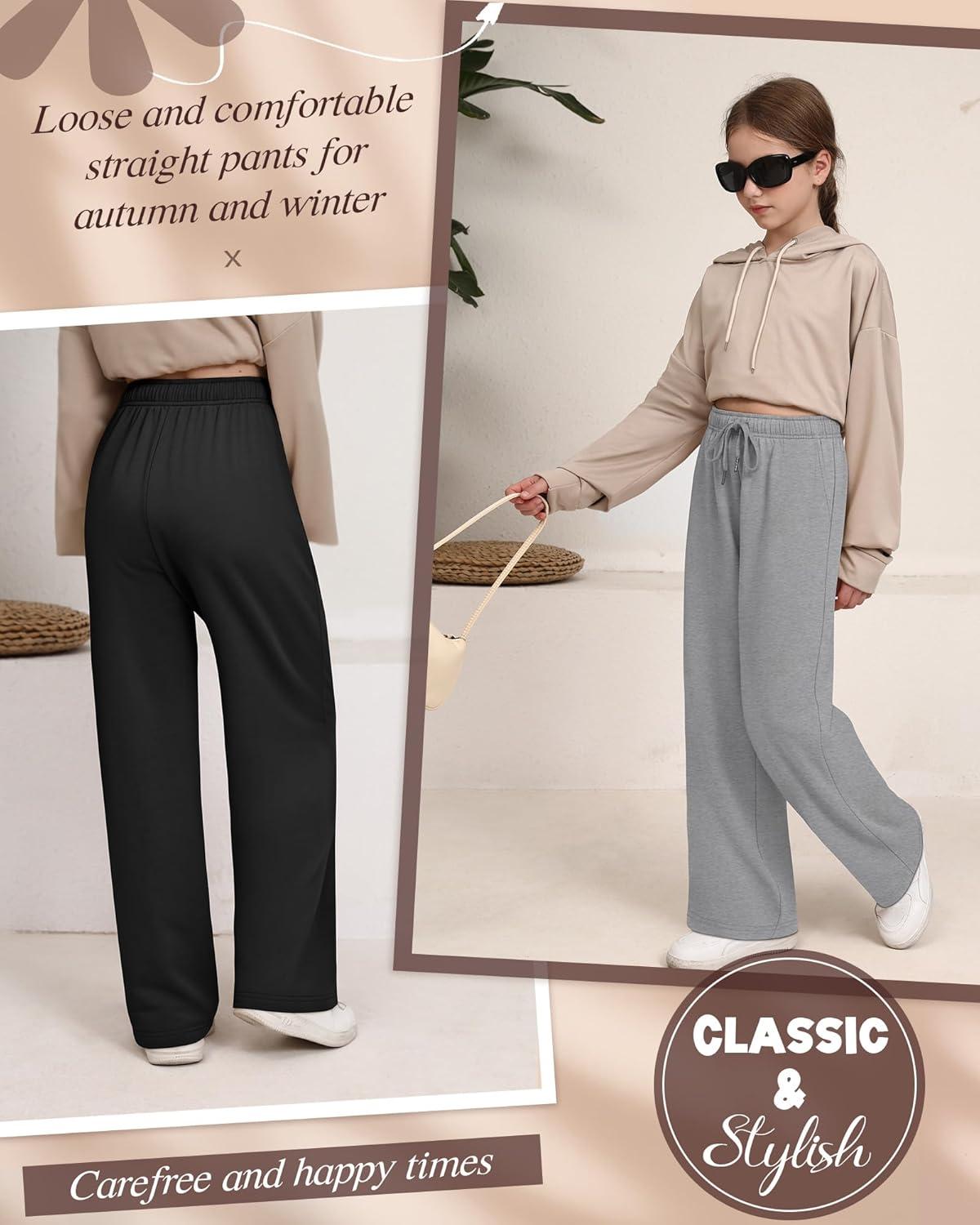 image3 Pack Girls Sweatpants Wide Leg Drawstring Casual Kids Joggers Open Bottom Loose Solid Teen Pants with PocketsLight Gray Pink Black