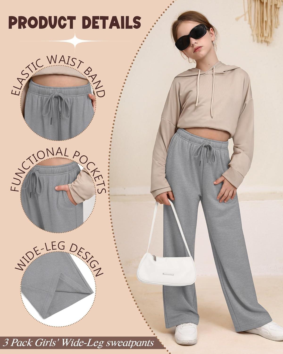 image3 Pack Girls Sweatpants Wide Leg Drawstring Casual Kids Joggers Open Bottom Loose Solid Teen Pants with PocketsLight Gray Pink Black