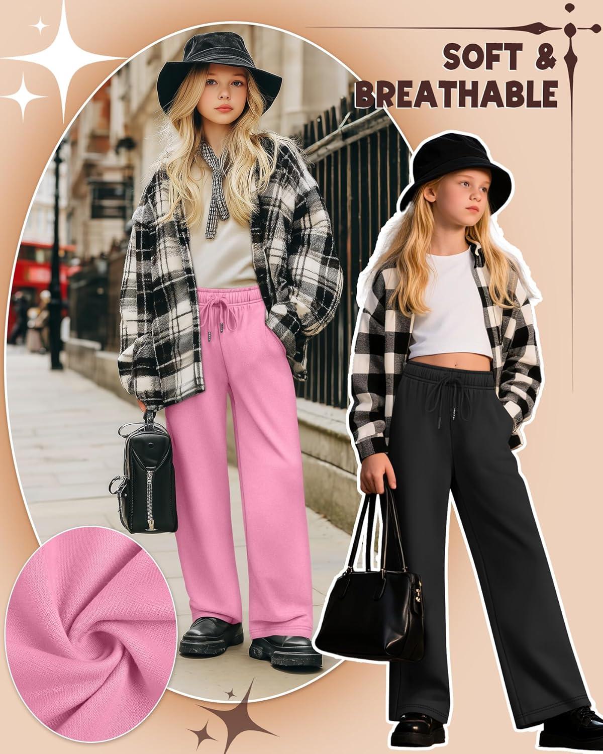 image3 Pack Girls Sweatpants Wide Leg Drawstring Casual Kids Joggers Open Bottom Loose Solid Teen Pants with PocketsLight Gray Pink Black