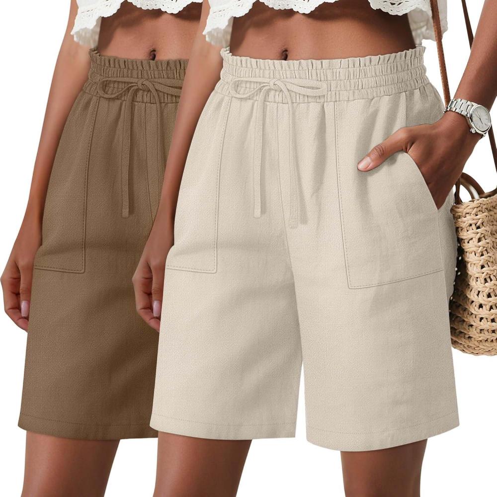 image2 Pack Womens Linen Bermuda Shorts Casual Wide Leg Ruffle High Waisted Drawstring Summer Shorts with PocketsBeige  Coffee