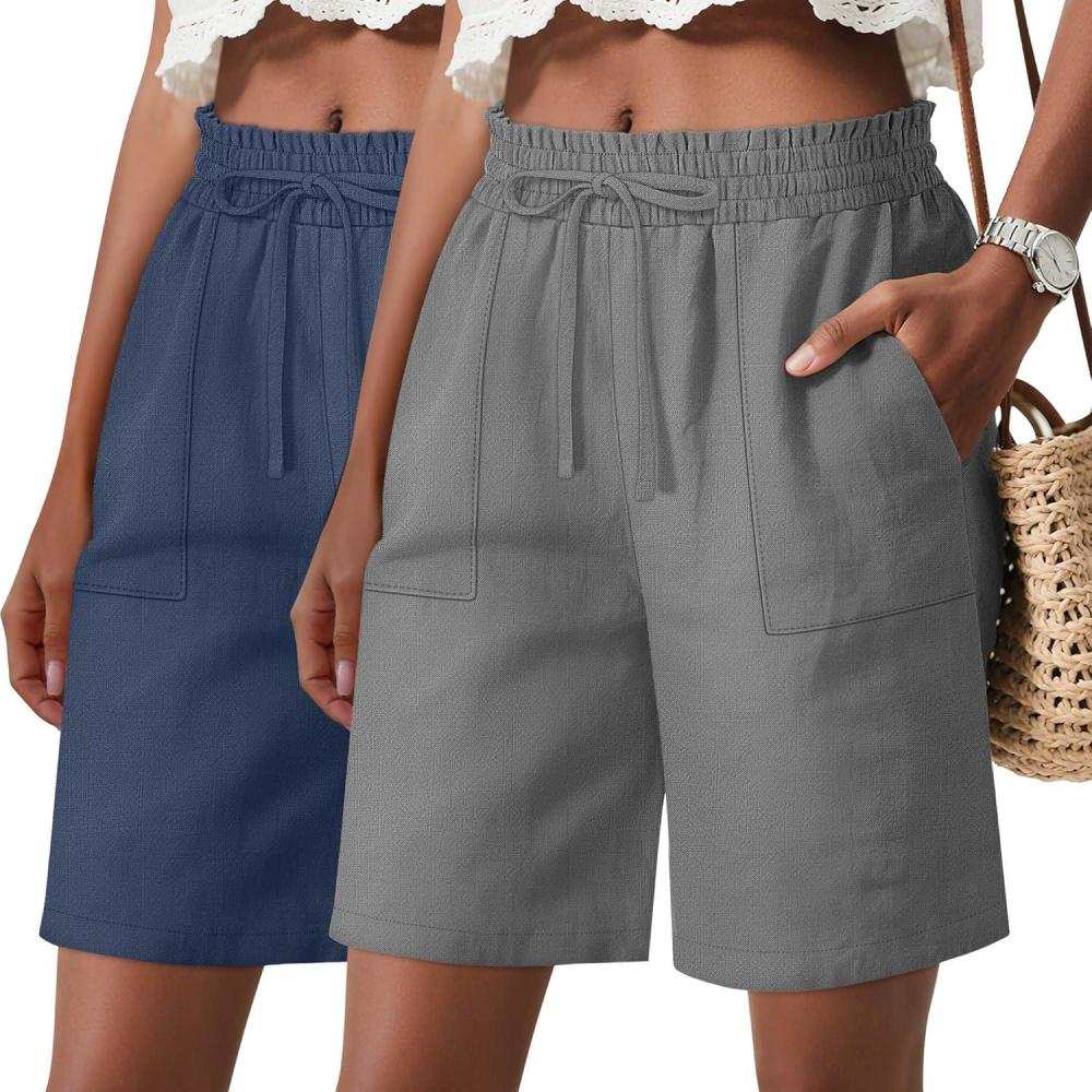 image2 Pack Womens Linen Bermuda Shorts Casual Wide Leg Ruffle High Waisted Drawstring Summer Shorts with PocketsGray  Haze Blue