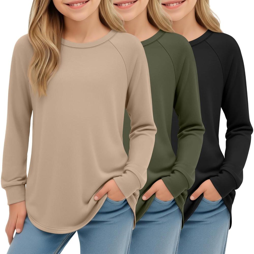 image3 Pack Girls Long Sleeve Shirts Kids Crewneck Curve Hem Casual Tops Raglan Sleeve Athletic Comfy Pullover TeesBlack  Army Green  Khaki
