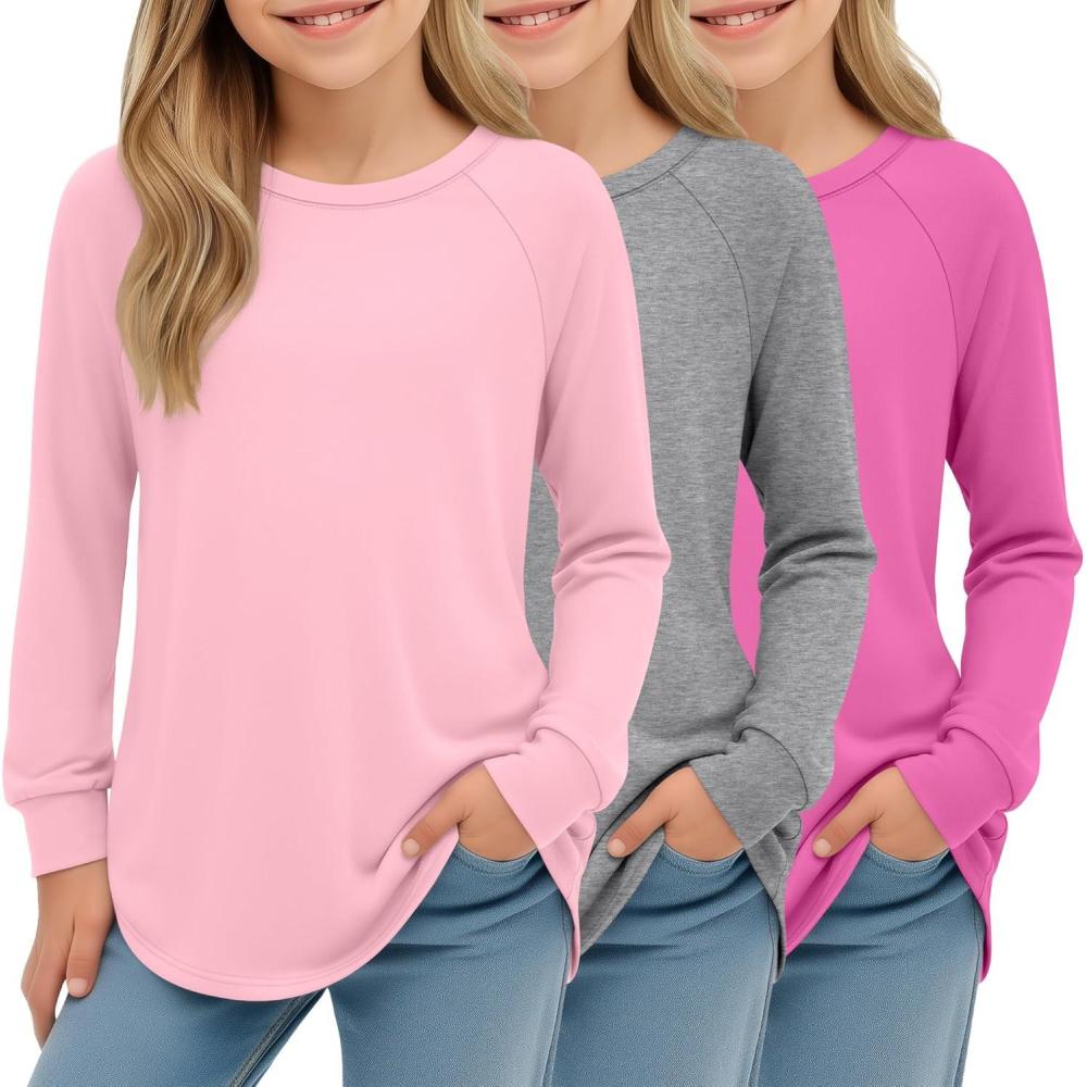 image3 Pack Girls Long Sleeve Shirts Kids Crewneck Curve Hem Casual Tops Raglan Sleeve Athletic Comfy Pullover TeesLight Gray  Rose Red  Light Pink