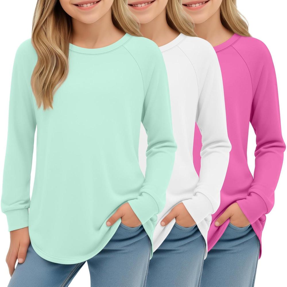 image3 Pack Girls Long Sleeve Shirts Kids Crewneck Curve Hem Casual Tops Raglan Sleeve Athletic Comfy Pullover TeesWhite  Light Green  Rose Red