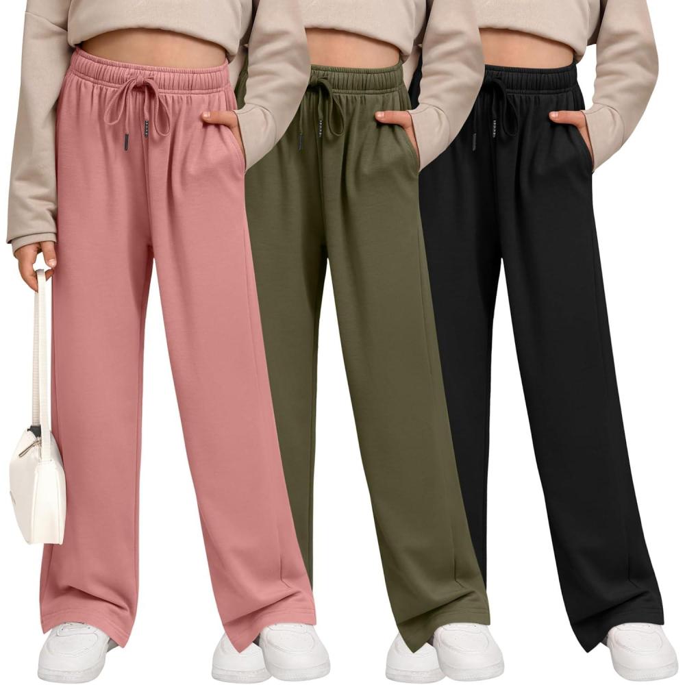image3 Pack Girls Sweatpants Wide Leg Drawstring Casual Kids Joggers Open Bottom Loose Solid Teen Pants with PocketsArmy Green Coral Pink Black