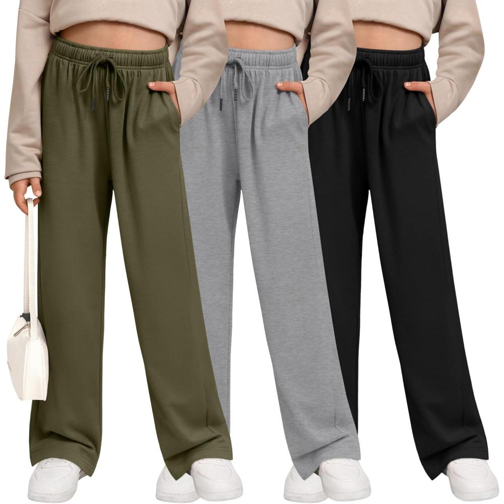 image3 Pack Girls Sweatpants Wide Leg Drawstring Casual Kids Joggers Open Bottom Loose Solid Teen Pants with PocketsArmy Green  Light Gray  Black