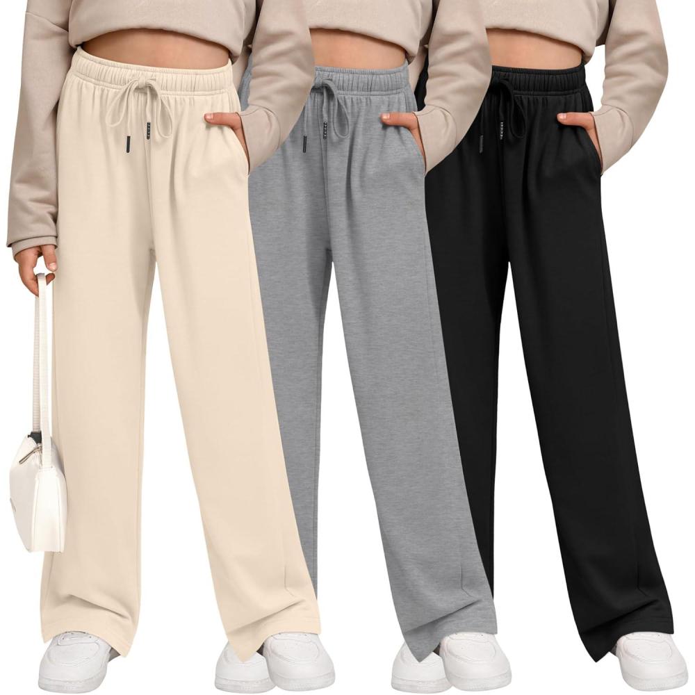 image3 Pack Girls Sweatpants Wide Leg Drawstring Casual Kids Joggers Open Bottom Loose Solid Teen Pants with PocketsBeige  Gray  Black