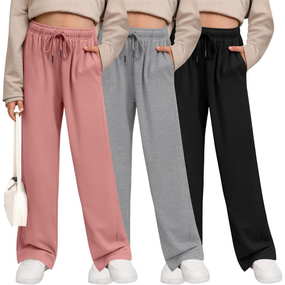image3 Pack Girls Sweatpants Wide Leg Drawstring Casual Kids Joggers Open Bottom Loose Solid Teen Pants with PocketsCoral Pink  Light Gray  Black