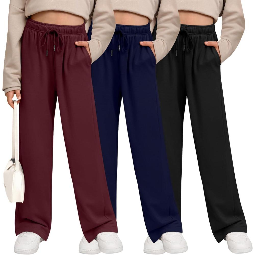 image3 Pack Girls Sweatpants Wide Leg Drawstring Casual Kids Joggers Open Bottom Loose Solid Teen Pants with PocketsWine Red  Navy Blue  Black
