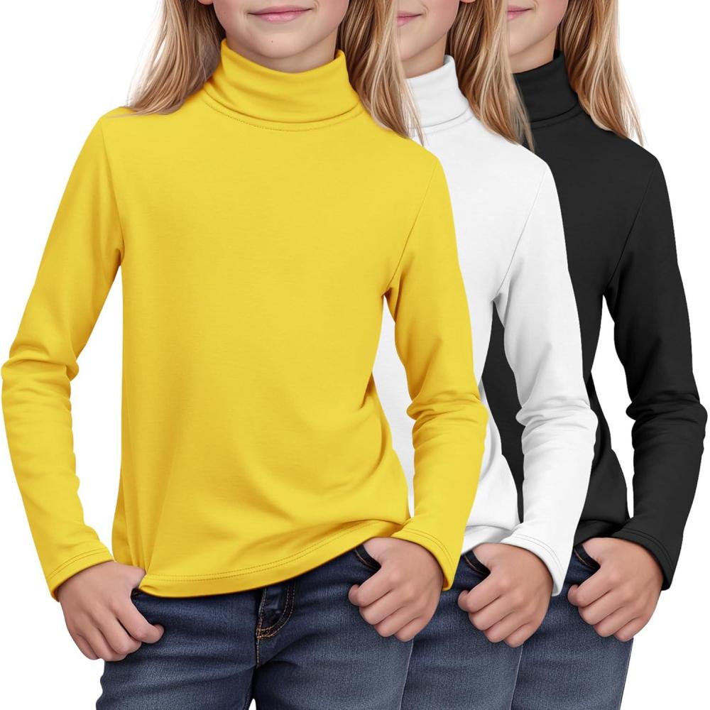 image3 Pack Girls Turtleneck Long Sleeve Pullover TShirt Soft Warm Stretch Kids Basic Turtle Neck Tops for GirlsYellow  White  Black