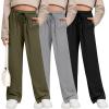 image3 Pack Girls Sweatpants Wide Leg Drawstring Casual Kids Joggers Open Bottom Loose Solid Teen Pants with PocketsArmy Green  Light Gray  Black