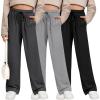 image3 Pack Girls Sweatpants Wide Leg Drawstring Casual Kids Joggers Open Bottom Loose Solid Teen Pants with PocketsDark Gray  Light Gray  Black