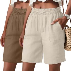 2 Pack Women’s Linen Bermuda Shorts Casual Wide Leg Ruffle High Waisted Drawstring Summer Shorts with Pockets(Beige  Coffee)