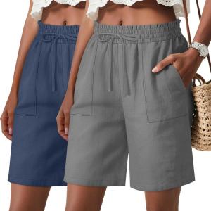 2 Pack Women’s Linen Bermuda Shorts Casual Wide Leg Ruffle High Waisted Drawstring Summer Shorts with Pockets(Gray  Haze Blue)