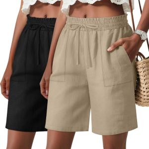 2 Pack Women’s Linen Bermuda Shorts Casual Wide Leg Ruffle High Waisted Drawstring Summer Shorts with Pockets(Khaki  Black)