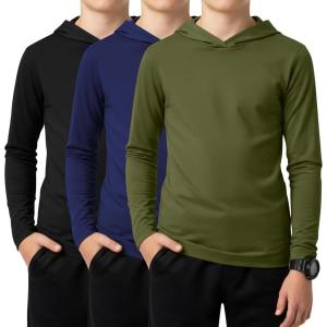 3 Pack Boys Long Sleeve Hoodies Kids Comfy Active Athletic Workout Sweatshirts Casual Pullover Shirts (Ages 6-18)(Army Green  Navy Blue  Black)