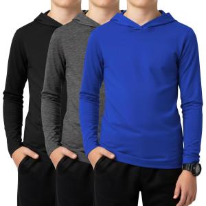 3 Pack Boys Long Sleeve Hoodies Kids Comfy Active Athletic Workout Sweatshirts Casual Pullover Shirts (Ages 6-18)(Blue  Dark Gray  Black)