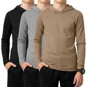 3 Pack Boys Long Sleeve Hoodies Kids Comfy Active Athletic Workout Sweatshirts Casual Pullover Shirts (Ages 6-18)(Khaki  Light Gray  Black)
