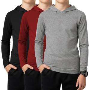 3 Pack Boys Long Sleeve Hoodies Kids Comfy Active Athletic Workout Sweatshirts Casual Pullover Shirts (Ages 6-18)(Light Gray  Wine Red  Black)