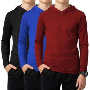 3 Pack Boys Long Sleeve Hoodies Kids Comfy Active Athletic Workout Sweatshirts Casual Pullover Shirts (Ages 6-18)(Wine Red  Blue  Black)