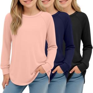 3 Pack Girls Long Sleeve Shirts Kids Crewneck Curve Hem Casual Tops Raglan Sleeve Athletic Comfy Pullover Tees(Black  Navy Blue  Orange)