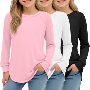 3 Pack Girls Long Sleeve Shirts Kids Crewneck Curve Hem Casual Tops Raglan Sleeve Athletic Comfy Pullover Tees(Black  White  Pink)