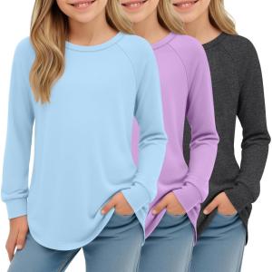 3 Pack Girls Long Sleeve Shirts Kids Crewneck Curve Hem Casual Tops Raglan Sleeve Athletic Comfy Pullover Tees(Heather Gray  Light Blue  Taro Purple)