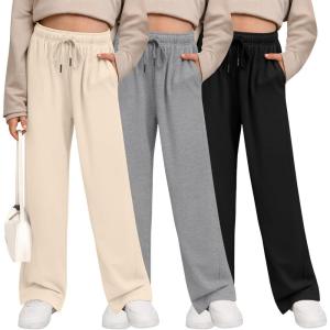 3 Pack Girls’ Sweatpants Wide Leg Drawstring Casual Kids Joggers Open Bottom Loose Solid Teen Pants with Pockets(Beige  Gray  Black)
