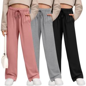 3 Pack Girls’ Sweatpants Wide Leg Drawstring Casual Kids Joggers Open Bottom Loose Solid Teen Pants with Pockets(Coral Pink  Light Gray  Black)