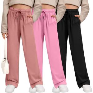 3 Pack Girls’ Sweatpants Wide Leg Drawstring Casual Kids Joggers Open Bottom Loose Solid Teen Pants with Pockets(Coral Pink  Pink  Black)