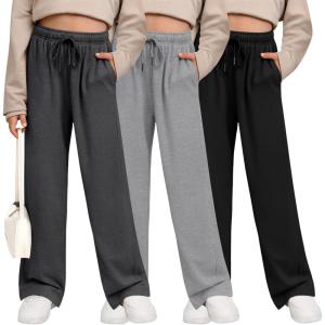 3 Pack Girls’ Sweatpants Wide Leg Drawstring Casual Kids Joggers Open Bottom Loose Solid Teen Pants with Pockets(Dark Gray  Light Gray  Black)