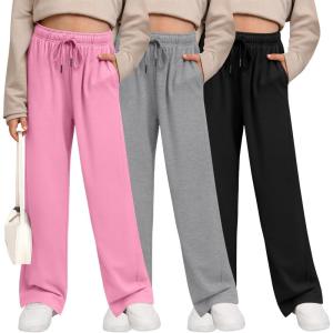 3 Pack Girls’ Sweatpants Wide Leg Drawstring Casual Kids Joggers Open Bottom Loose Solid Teen Pants with Pockets(Light Gray  Pink  Black)