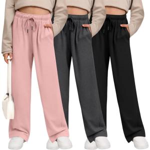 3 Pack Girls’ Sweatpants Wide Leg Drawstring Casual Kids Joggers Open Bottom Loose Solid Teen Pants with Pockets(Light Pink  Dark Gray  Black)