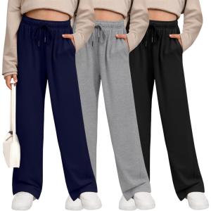 3 Pack Girls’ Sweatpants Wide Leg Drawstring Casual Kids Joggers Open Bottom Loose Solid Teen Pants with Pockets(Navy Blue  Light Gray  Black)