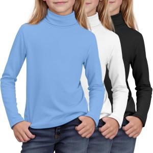 3 Pack Girls Turtleneck Long Sleeve Pullover T-Shirt Soft Warm Stretch Kids Basic Turtle Neck Tops for Girls(Blue  White  Black)
