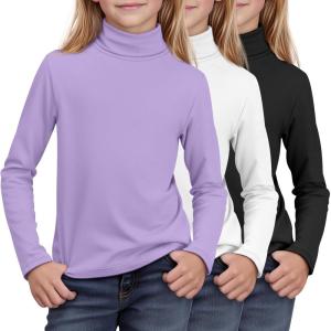 3 Pack Girls Turtleneck Long Sleeve Pullover T-Shirt Soft Warm Stretch Kids Basic Turtle Neck Tops for Girls(Light Purple  White  Black)