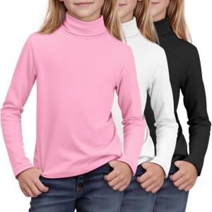 3 Pack Girls Turtleneck Long Sleeve Pullover T-Shirt Soft Warm Stretch Kids Basic Turtle Neck Tops for Girls(Pink  White  Black)
