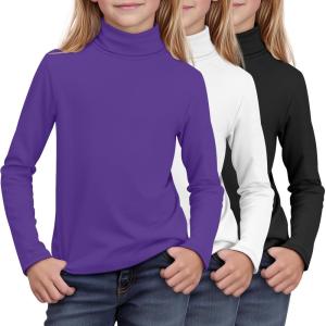 3 Pack Girls Turtleneck Long Sleeve Pullover T-Shirt Soft Warm Stretch Kids Basic Turtle Neck Tops for Girls(Purple  White  Black)