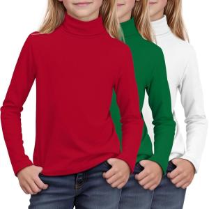 3 Pack Girls Turtleneck Long Sleeve Pullover T-Shirt Soft Warm Stretch Kids Basic Turtle Neck Tops for Girls(Red  Green  White)