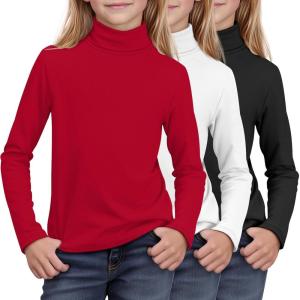 3 Pack Girls Turtleneck Long Sleeve Pullover T-Shirt Soft Warm Stretch Kids Basic Turtle Neck Tops for Girls(Red  White  Black)