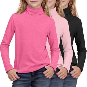 3 Pack Girls Turtleneck Long Sleeve Pullover T-Shirt Soft Warm Stretch Kids Basic Turtle Neck Tops for Girls(Rose Red  Peach  Black)