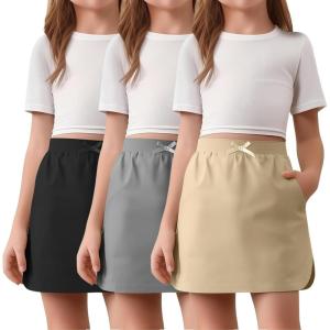 3 Pack Girls Uniform Skorts School Pull-on Scooter Skirt with Undershorts for Teens Back to School(Khaki  Dark Gray  Black)