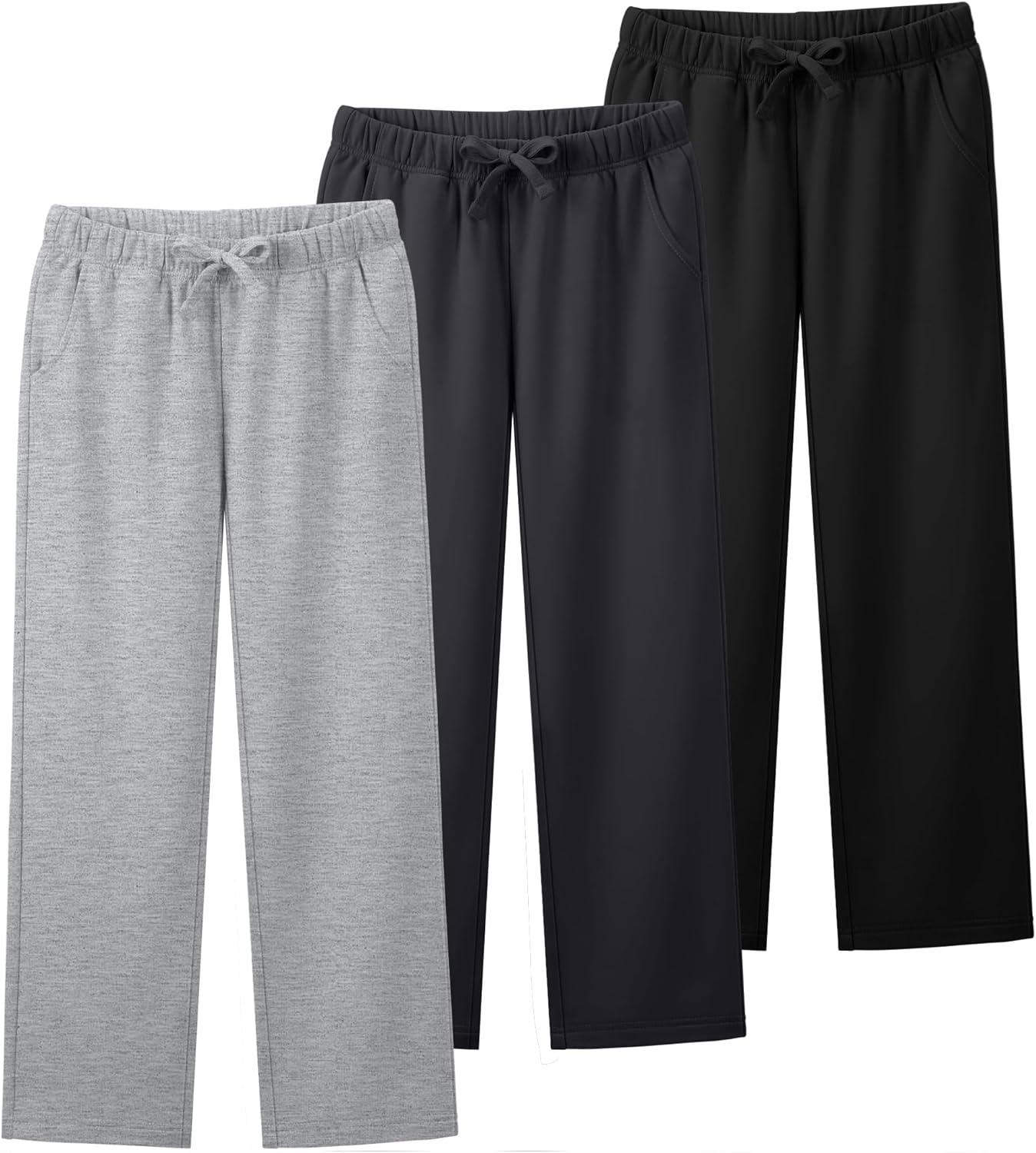 image3 Pack Boys Sweatpants Straight Leg Athletic Open Bottom Joggers Workout Elastic Drawstring Kid Pants with PocketsBlack Dark Gray Light Gray