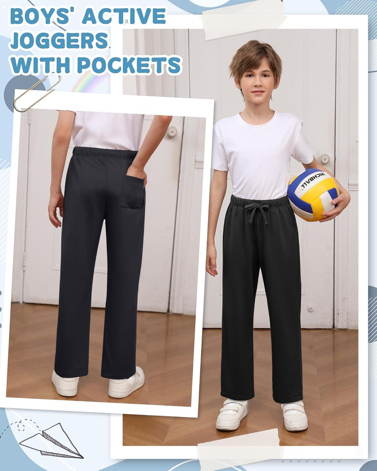 image3 Pack Boys Sweatpants Straight Leg Athletic Open Bottom Joggers Workout Elastic Drawstring Kid Pants with PocketsBlack Dark Gray Light Gray