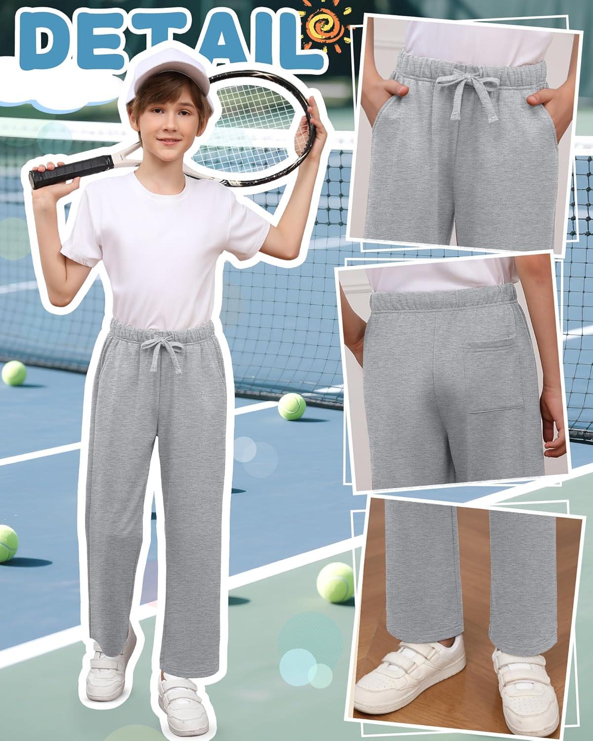 image3 Pack Boys Sweatpants Straight Leg Athletic Open Bottom Joggers Workout Elastic Drawstring Kid Pants with PocketsBlack Dark Gray Light Gray