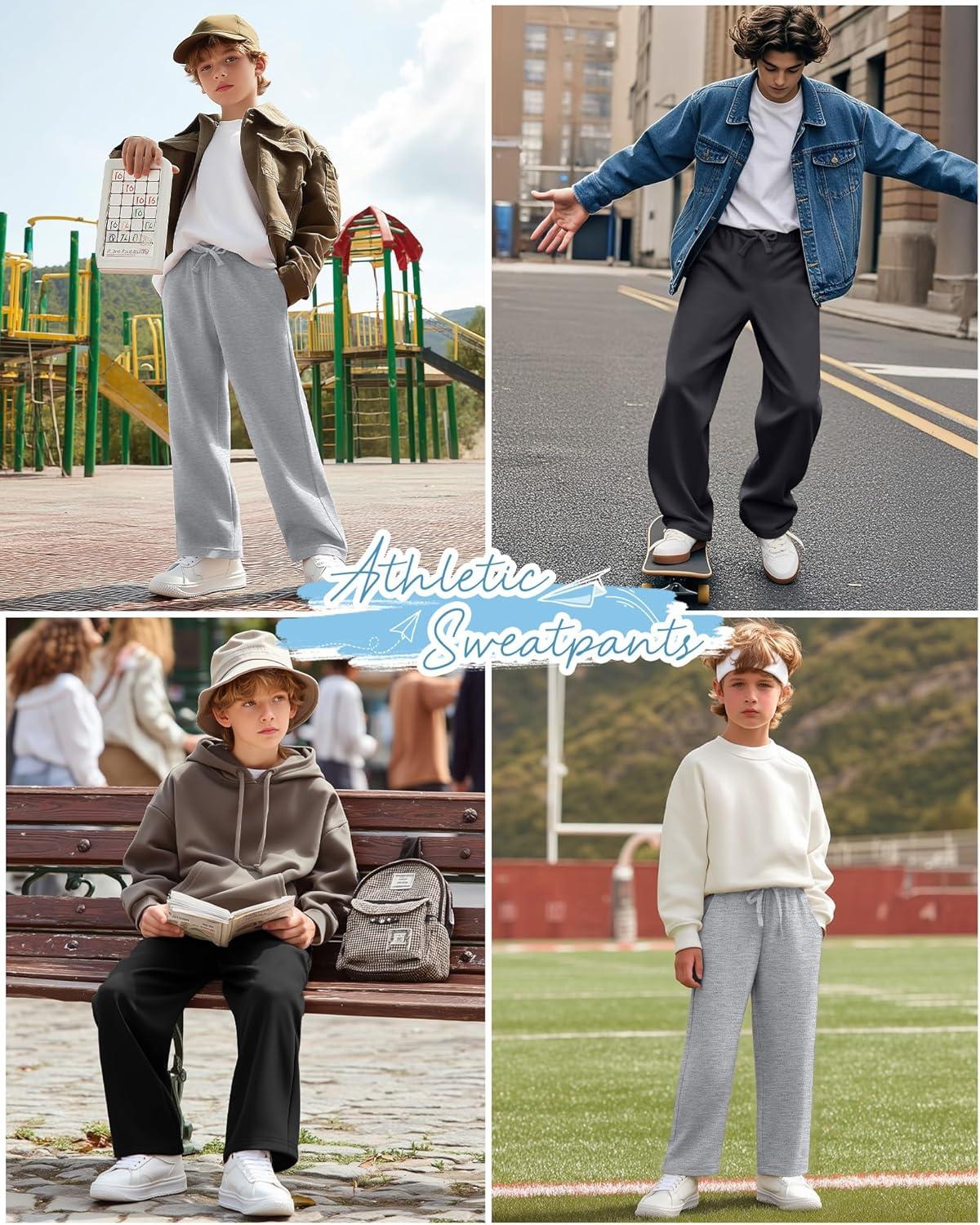 image3 Pack Boys Sweatpants Straight Leg Athletic Open Bottom Joggers Workout Elastic Drawstring Kid Pants with PocketsBlack Dark Gray Light Gray