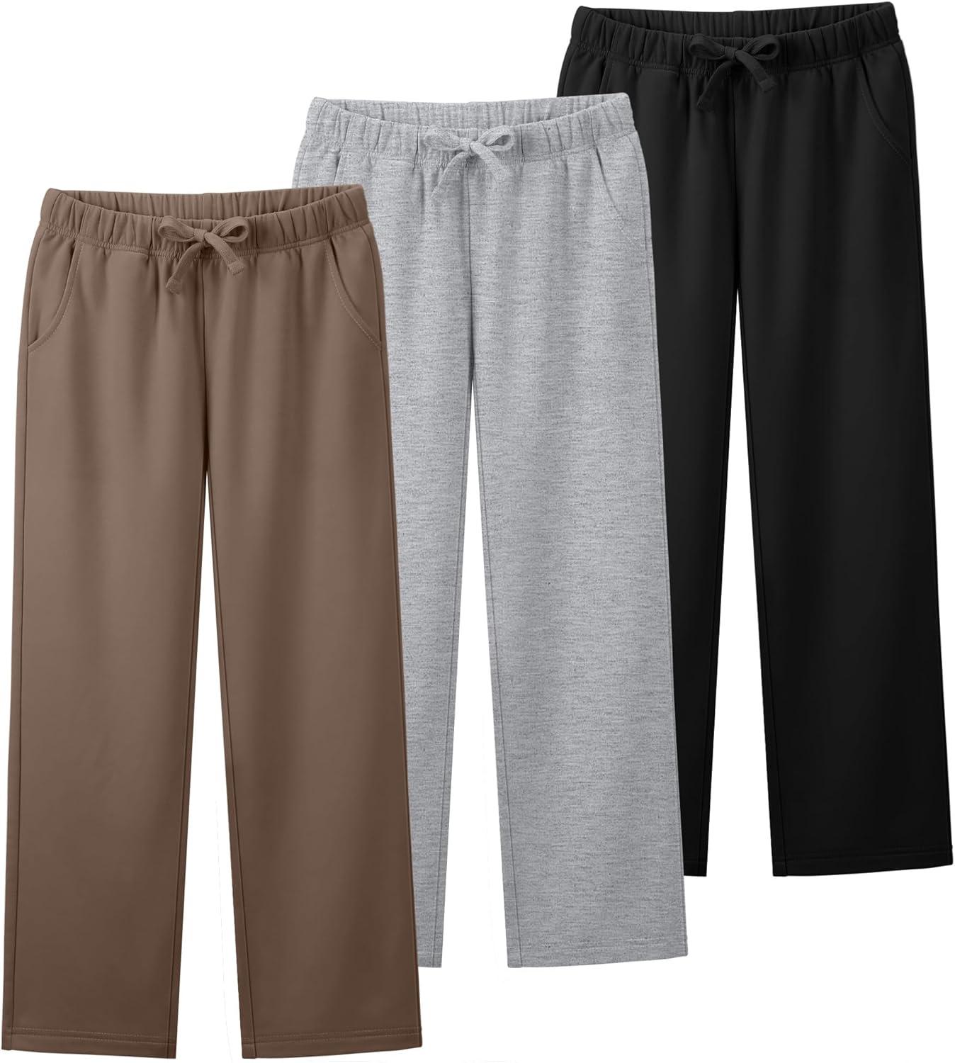 image3 Pack Boys Sweatpants Straight Leg Athletic Open Bottom Joggers Workout Elastic Drawstring Kid Pants with PocketsBlack Light Gray Khaki