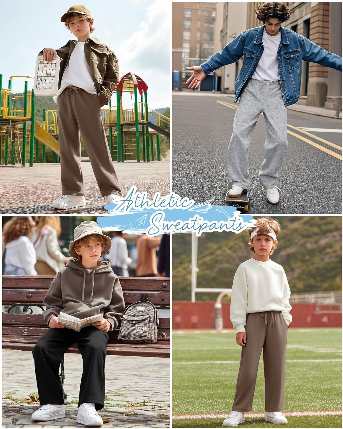 image3 Pack Boys Sweatpants Straight Leg Athletic Open Bottom Joggers Workout Elastic Drawstring Kid Pants with PocketsBlack Light Gray Khaki