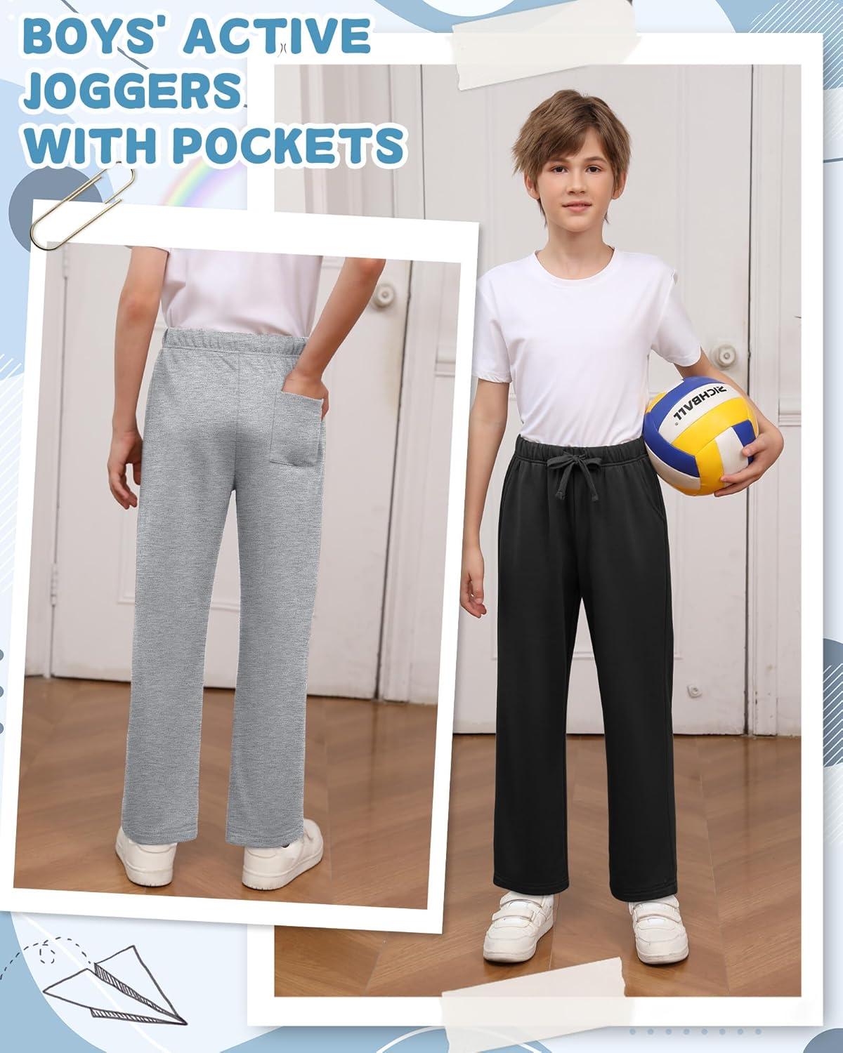 image3 Pack Boys Sweatpants Straight Leg Athletic Open Bottom Joggers Workout Elastic Drawstring Kid Pants with PocketsBlack Light Gray Khaki