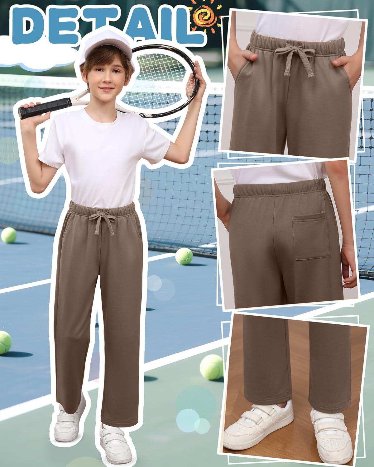 image3 Pack Boys Sweatpants Straight Leg Athletic Open Bottom Joggers Workout Elastic Drawstring Kid Pants with PocketsBlack Light Gray Khaki